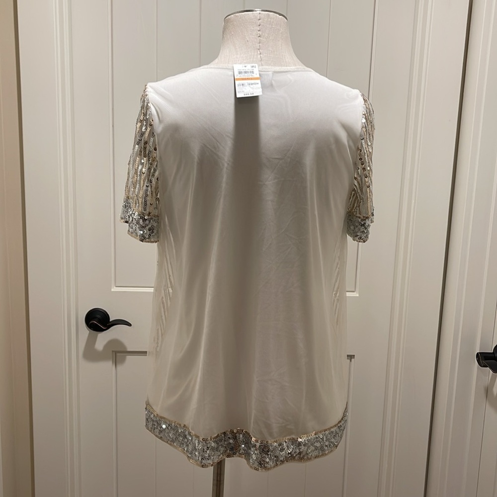 ALFANI Sequined Gold/Silver Stripped NWT Size Small Short Sleeved Scoop Neckline - Picture 3 of 13